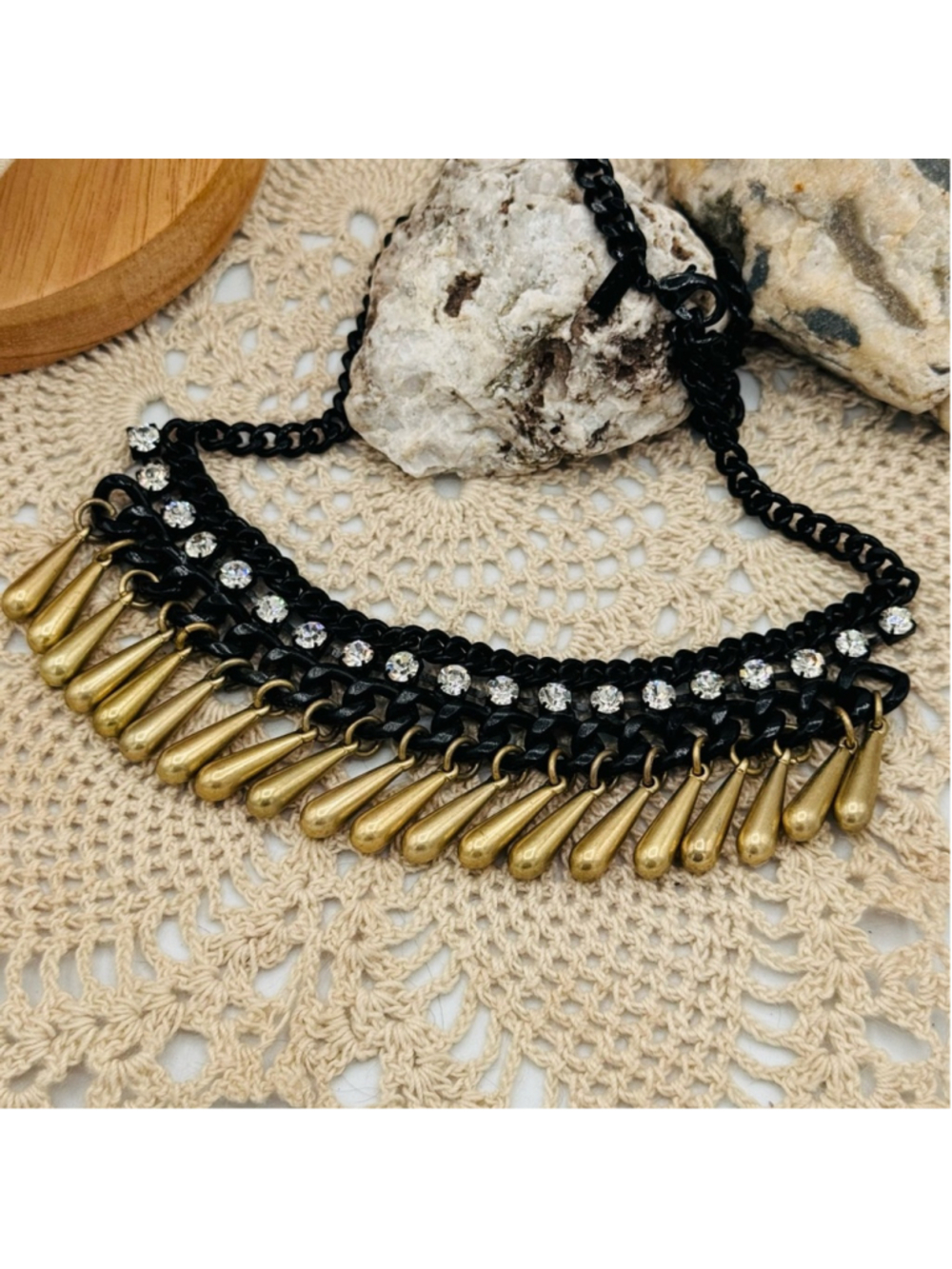Lane Bryant Black and Gold Curtain Bead Necklace 18”3”